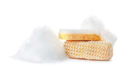 Soapy sponges with foam isolated on white background