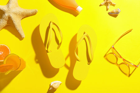 Composition with beach accessories and glass of juice on color background
