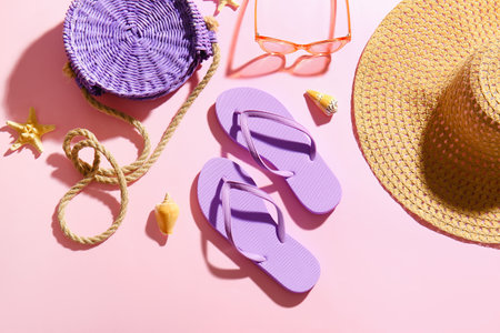 Flip-flops, bag, sunglasses and ht on color backgroundの写真素材