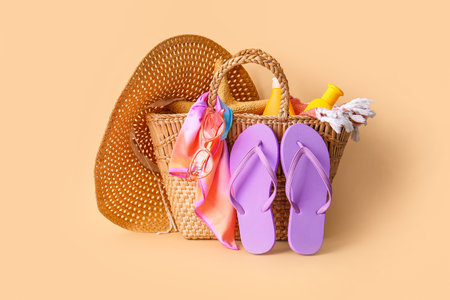 Set of beach accessories on color backgroundの写真素材