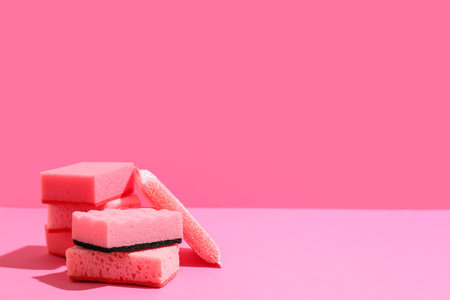 Pink cleaning sponges on color backgroundの写真素材