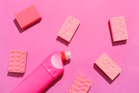 Pink cleaning sponges and bottle of detergent on color background
