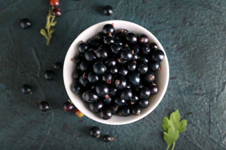 Bowl with ripe black currant on dark backgroundの写真素材