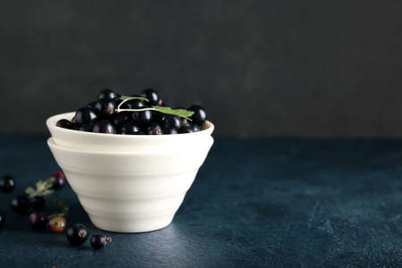 Bowl with ripe black currant on dark backgroundの写真素材