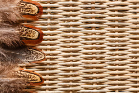 Beautiful pheasant feathers on wicker background, closeupの写真素材