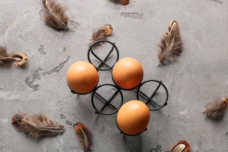 Beautiful pheasant feathers and eggs on gray background