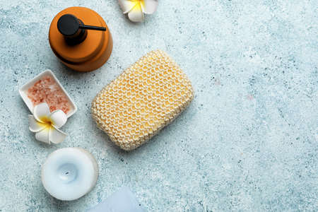 Bath supplies with sponge on light backgroundの写真素材