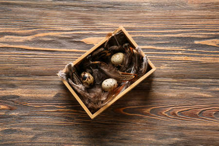 Box with pheasant feathers and eggs on wooden backgroundの写真素材