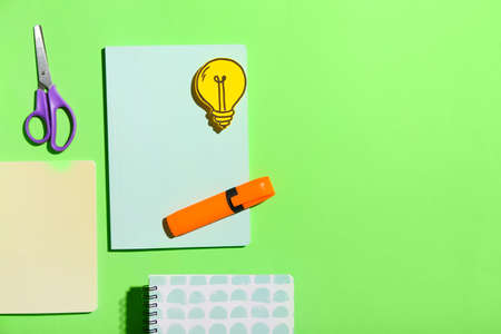 Stationery supplies on color background