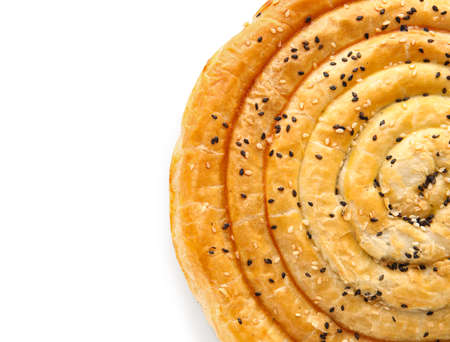 Tasty spinach pie on white background, closeupの写真素材
