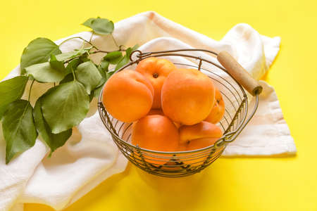 Basket with tasty ripe apricots on color background