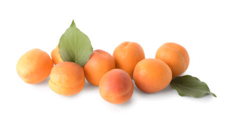 Tasty ripe apricots on white backgroundの写真素材