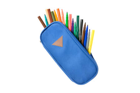 Case with colorful markers on white background