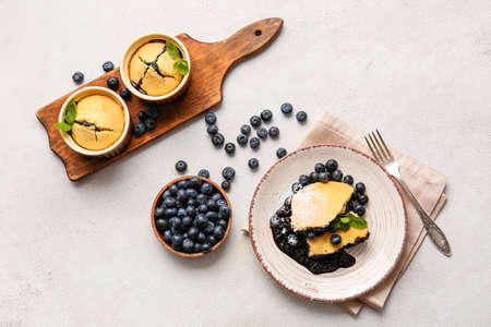 Composition with blueberry cobbler on light backgroundの写真素材