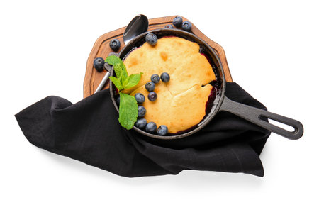Frying pan with blueberry cobbler on white backgroundの写真素材