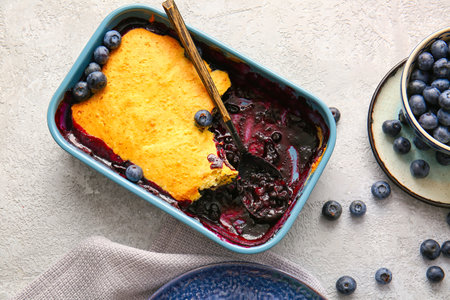 Baking dish with blueberry cobbler on light backgroundの写真素材