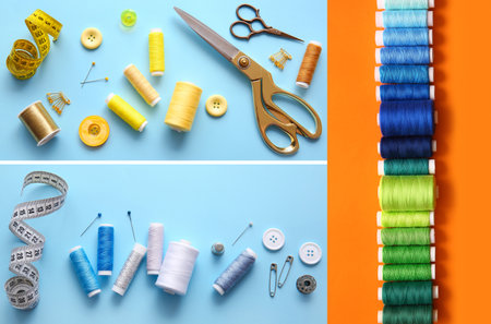Collage with threads and tailoring supplies on color background, top view