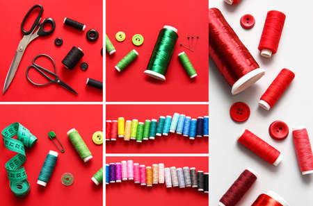 Collage with threads and tailoring supplies on color background, top view