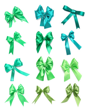 Set of beautiful green bows isolated on whiteの写真素材