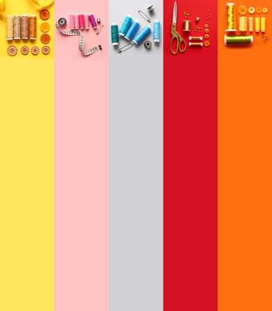 Threads and tailoring supplies on color background with space for text, top view