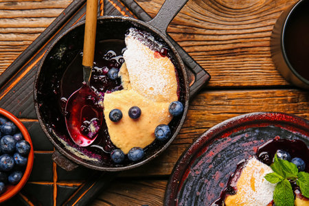Frying pan with blueberry cobbler on wooden backgroundの写真素材
