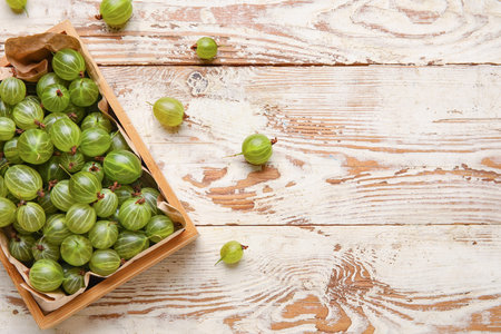 Box with fresh ripe gooseberry on wooden backgroundの写真素材