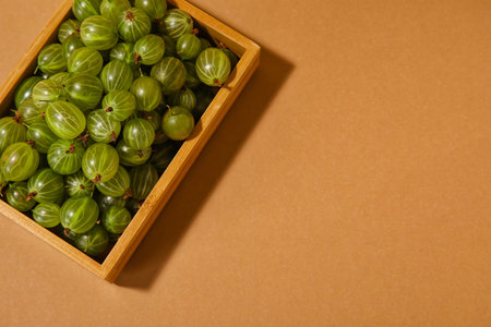Box with fresh ripe gooseberry on color backgroundの写真素材