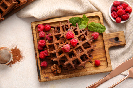 Wooden board of delicious Chocolate Belgian Waffles with raspberry on white backgroundの写真素材