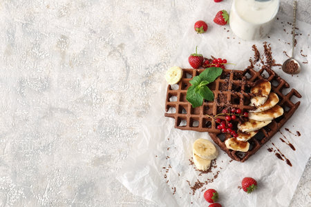 Delicious Chocolate Belgian Waffles with fruits on light backgroundの写真素材