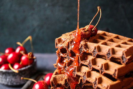 Pouring topping onto delicious Chocolate Belgian Waffles with cherry on black background, closeupの写真素材