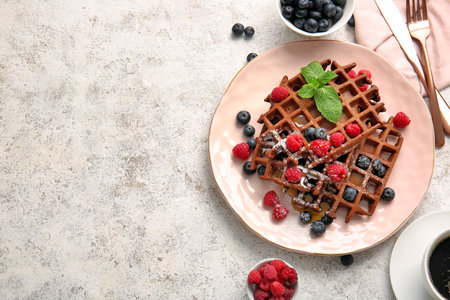 Plate of delicious Chocolate Belgian Waffles with berries on light backgroundの写真素材