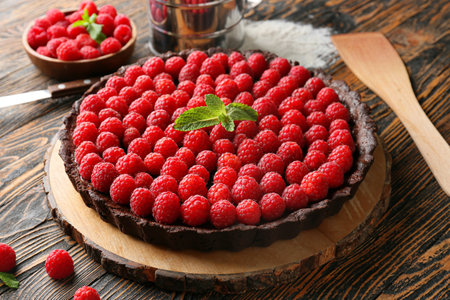Board with tasty raspberry pie and mint on wooden backgroundの写真素材