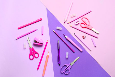 Stationery supplies on color backgroundの写真素材