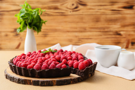 Board with tasty raspberry pie on color table, closeupの写真素材