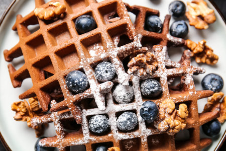 Delicious Chocolate Belgian Waffles with blueberry and walnut on plate, closeupの写真素材