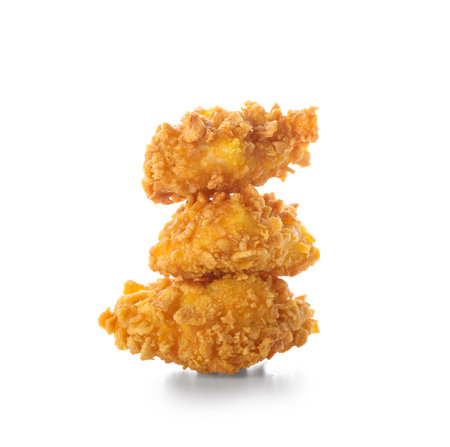 Fried popcorn chicken on white backgroundの写真素材