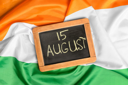 Chalkboard with text 15 AUGUST on Indian flag. independence day celebrationの写真素材
