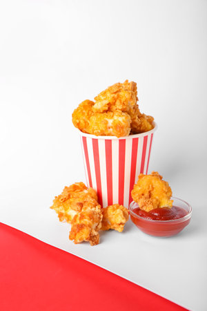 Paper cup with tasty fried popcorn chicken and sauce on color backgroundの写真素材