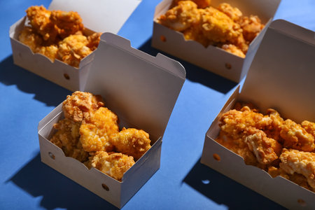 Paper boxes with tasty popcorn chicken on color backgroundの写真素材