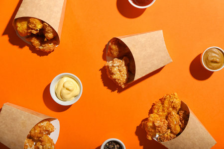 Paper boxes with tasty popcorn chicken and sauces on color backgroundの写真素材