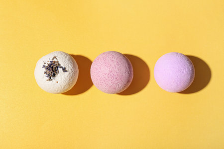 Lavender bath bombs on color backgroundの写真素材