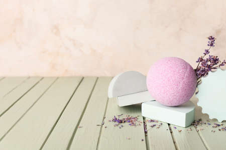 Composition with lavender bath bomb on wooden tableの写真素材