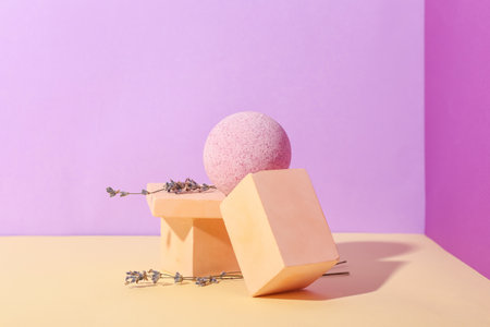 Composition with lavender bath bomb on color backgroundの写真素材