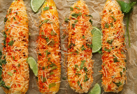 Tasty Elote Mexican Street Corn on parchment, closeup