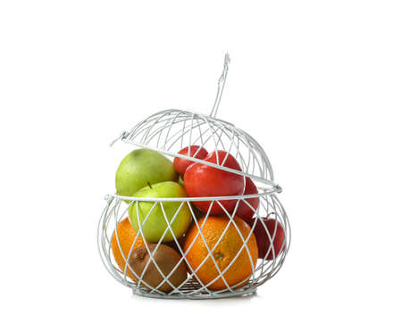 Basket with fresh fruits on white backgroundの写真素材