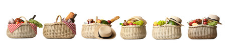 Set of wicker basket for picnic on white backgroundの写真素材