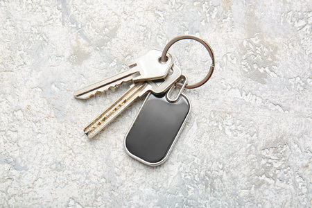 Keys with stylish metallic keychain on light backgroundの写真素材
