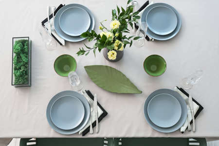 Beautiful table setting for wedding celebration in restaurant