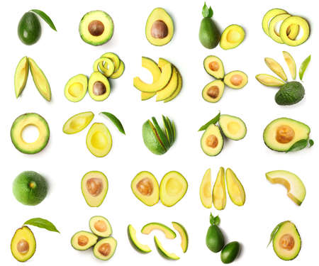 Set of ripe avocados isolated on white, top view