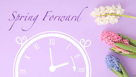 Beautiful blooming hyacinth flowers and drawing of clock on lilac background. spring forward